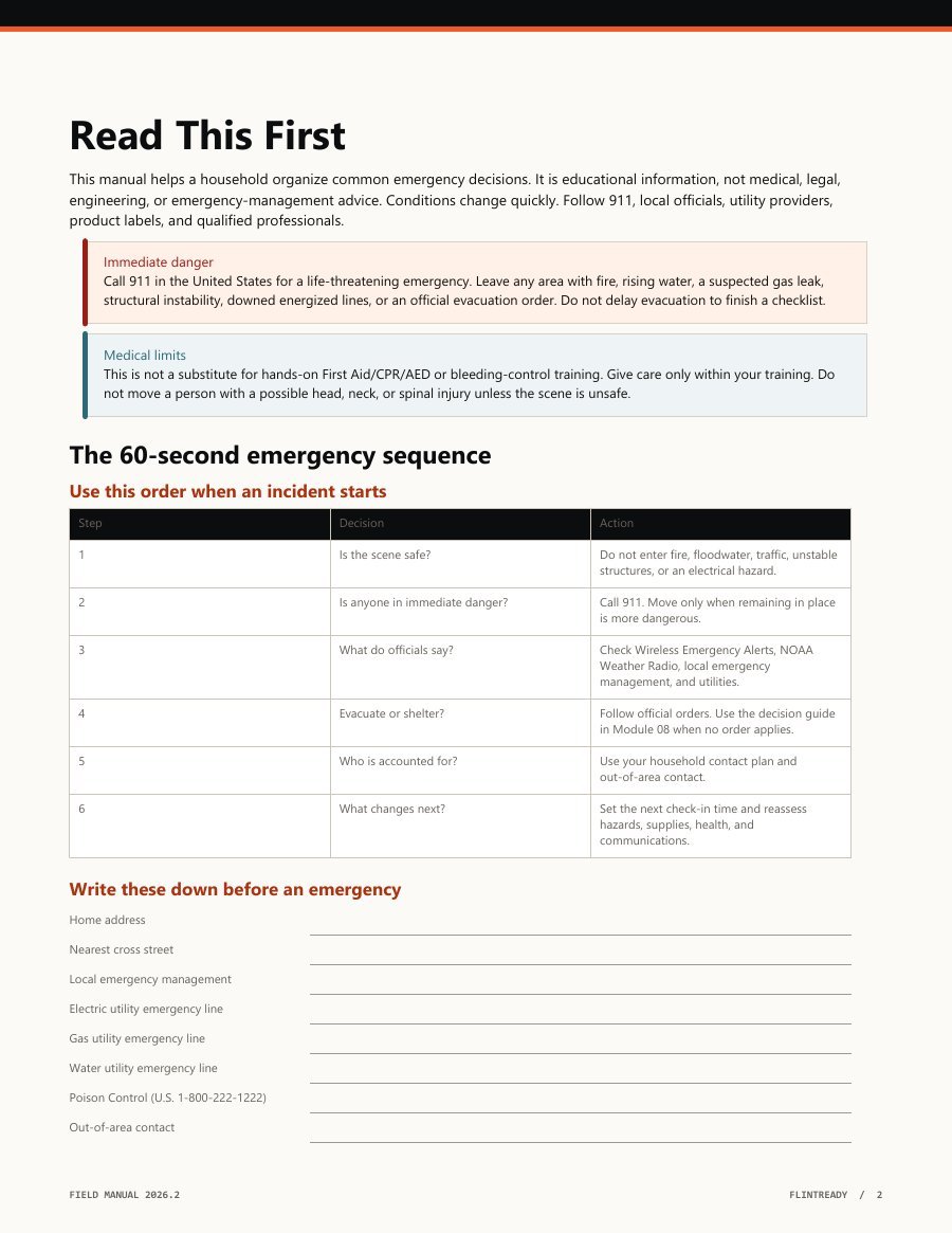 FlintReady Field Manual emergency sequence and contacts sample